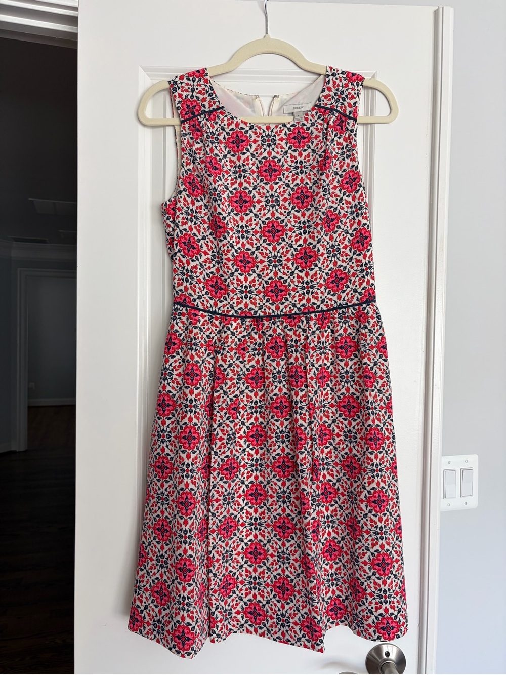 J. Crew Pink Floral Fit-and-Flare Dress with Black Piping